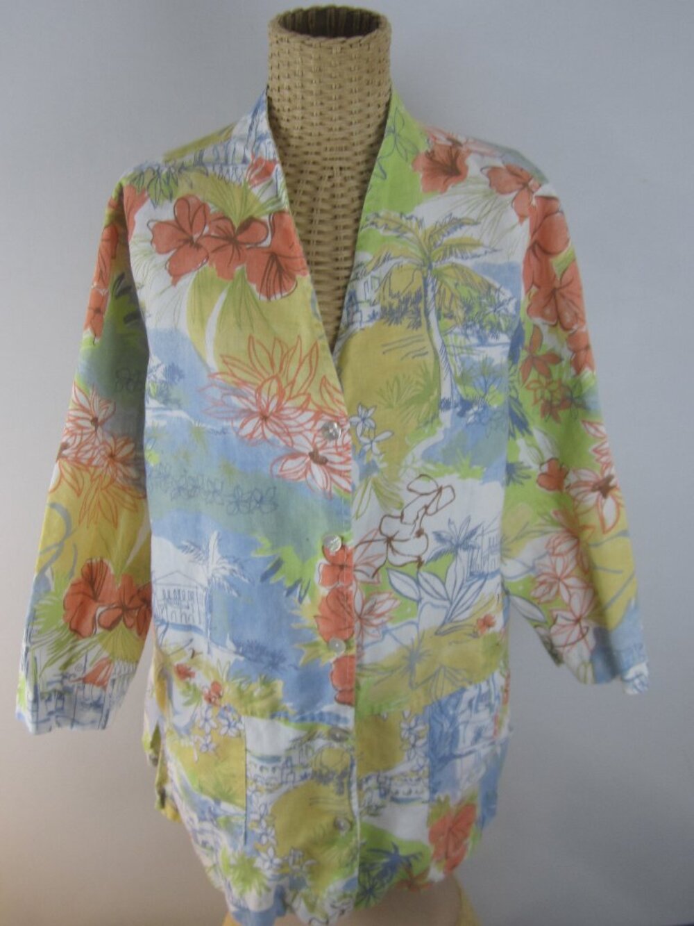 Hot Cotton Women L Blue Peach Tropical Print 3/4 Sleeve Linen Cotton Tunic Top